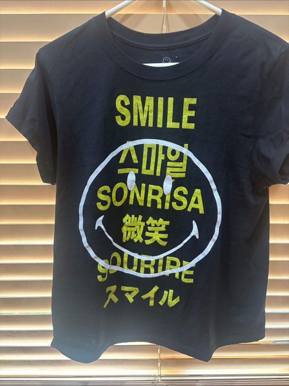 Black 'Smile' Graphic Tee with Yellow & White Print